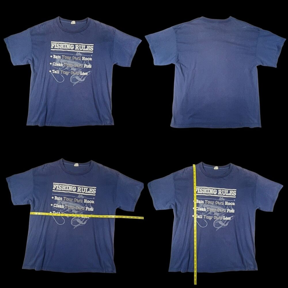 Vintage Fishing Rules Tell Your Own Lies Mens T-Shirt Navy Blue Size XL Humor